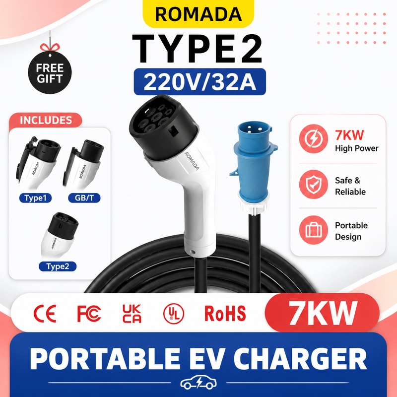 Portable Ev Charger 32A Type 2 Cee Plug - 7KW ROMADA Przenośna ładowarka do pojazdów